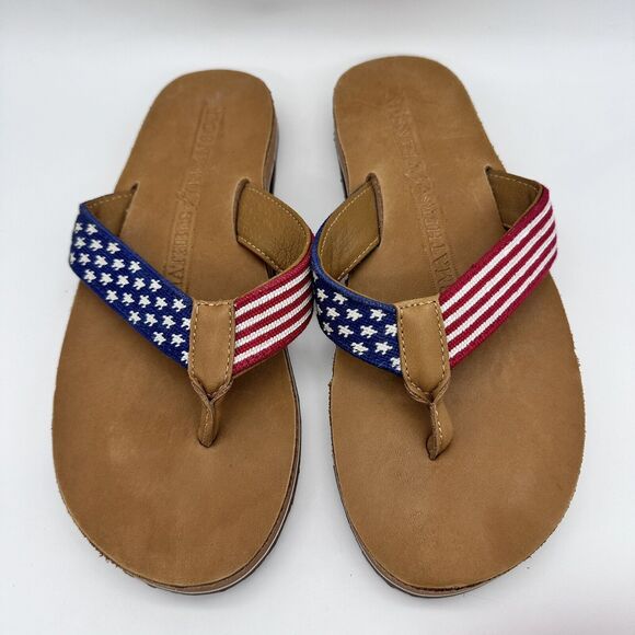Smathers & Branson Old Glory Needlepoint Tan Leather Flip Flops Men’s Size 8 - Picture 3 of 5
